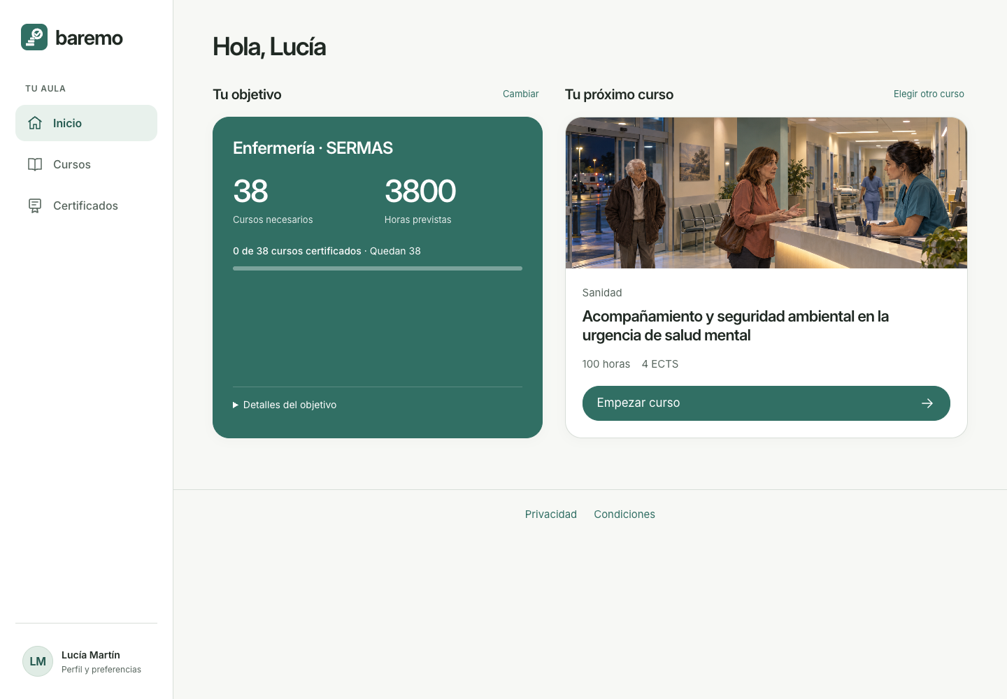 Ejemplo del aula de Baremo: objetivo de Enfermería en SERMAS y curso Acompañamiento y seguridad ambiental en la urgencia de salud mental. Cuenta ficticia sin certificados.